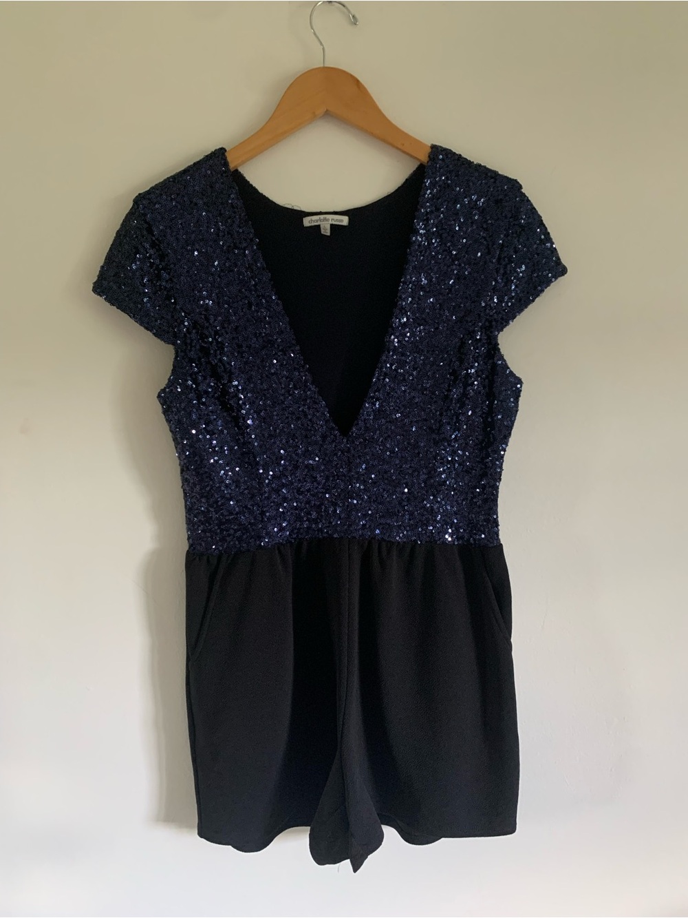 Charlotte Russe Code Premiere Night Black /Navy Blue Sequin V-Neck Romper, Large